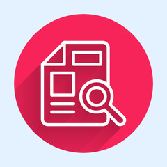Poster - White line Document with graph chart icon isolated with long shadow background. Report text file icon. Accounting sign. Audit, analysis, planning. Red circle button. Vector