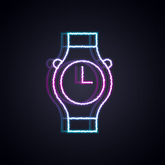 Poster - Glowing neon line Wrist watch icon isolated on black background. Wristwatch icon. Vector