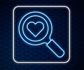 Poster - Glowing neon line Search heart and love icon isolated on brick wall background. Magnifying glass with heart inside. Happy Valentines day. Vector