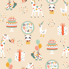 Wall Mural - Birthday seamless pattern with cute animals. Vector hand drawn cartoon illustration of festive elements and funny characters. Vintage cheerful pastel palette is perfect for gift wrapping.