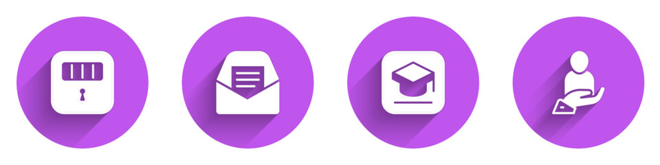 Poster - Set Prison cell door, Mail and e-mail, Graduation cap and Life insurance in hand icon with long shadow. Vector