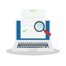 Online Digital Document Inspection Or Assessment Evaluation On Laptop Computer, Contract Review, Analysis, Inspection Of Agreement Contract, Compliance Verification. Vector Illustration	