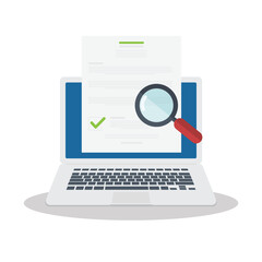 Online digital document inspection or assessment evaluation on laptop computer, contract review, analysis, inspection of agreement contract, compliance verification. Vector illustration	