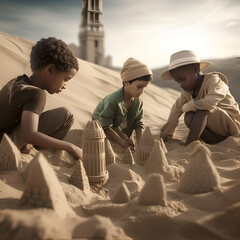 Canvas Print - Children playing with sand in the desert of Dubai. United Arab Emirates