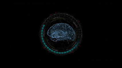 Poster - Motion graphic of Blue digital robot brain logo and circle futuristic HUD elements with Ai chatbot and machine learning technology and ai assistance concepts on abstract background