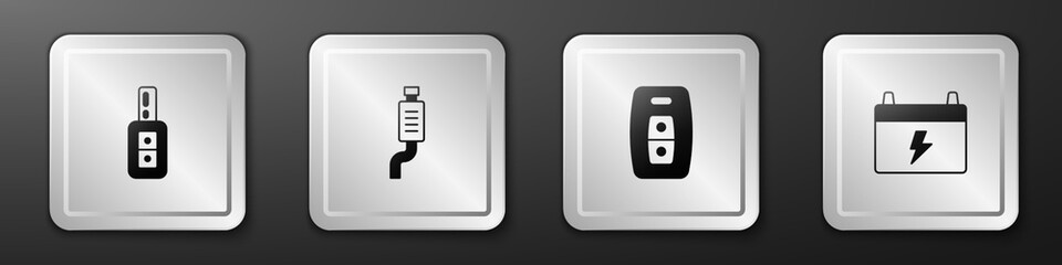 Poster - Set Car key with remote, muffler, and battery icon. Silver square button. Vector