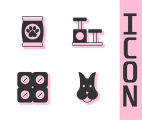 Canvas Print - Set Dog, Bag of food for pet, pill and Cat scratching post with toy icon. Vector