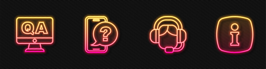 Poster - Set line Woman with a headset, Question and Answer, Telephone 24 hours support and Information. Glowing neon icon. Vector