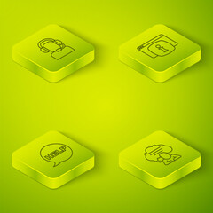Poster - Set Isometric line Monitor with FAQ information, Speech bubble text Help, chat and Man headset icon. Vector