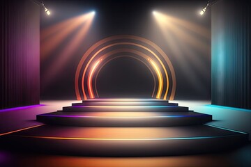 Sticker - Abstract round podium illuminated with spotlights. Stage background