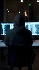 Sticker - Silhouette of hacker in hoodie working on computer at night