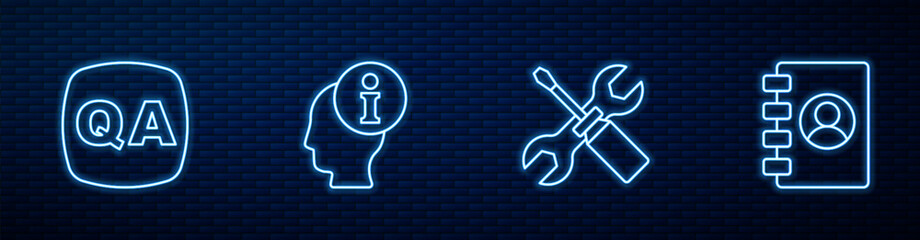 Poster - Set line Screwdriver and wrench spanner, Question Answer, Information and Address book. Glowing neon icon on brick wall. Vector
