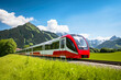 Öffentlicher Nahverkehr - rot-weiße Alpenbahn im Allgäu. Illustration - erzeugt mit Generative AI.