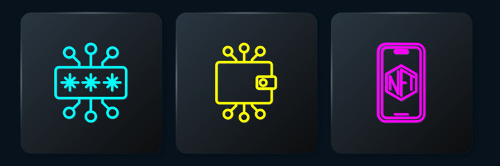 Poster - Set line Cyber security, Mobile with art store app and Cryptocurrency wallet. Black square button. Vector
