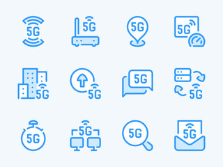 Poster - 5G Communication Technology vector line icons. High Speed Wireless Network outline icon set. Signal, Data Transfer, Router, Network Speed, Modem, Connection and more.