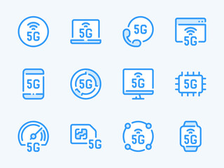 Poster - 5G Communication Technology vector line icons. High Speed Wireless Network outline icon set. Performance, SIM card, Report, Computer, Mobile Phone and more.