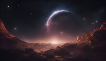 3d Rendering Of A Fantasy Landscape With A Planet And A Moon