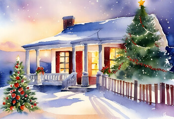 Canvas Print - Snow-covered house with Christmas pumps in snowy landscape, Watercolor painting Artwork 