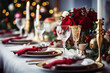 © barmaleeva - Festive dining table set for Christmas dinner. Holiday decorations, wine glasses and tableware. Generative AI