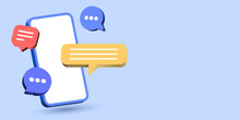 Mobile Phone With Chat Message Speech Bubble Icon. Social Media And Social Network Online Communication Background - 3d Smartphone With Blue Chatting Speech Bubbles. Vector Illustration