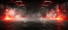 3D Illustration Of A Dark Underground Garage With A Red Neon Laser Line Glowing On Concrete Walls And Floor Creating A Smoke Fog Effect Copy Space Image Place For Adding Text Or Design
