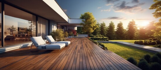 Wall Mural - 3D visualization of upscale contemporary home with spacious wooden deck and landscaped yard Copy space image Place for adding text or design