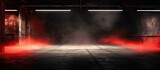 Fototapeta Perspektywa 3d - 3D illustration of a dark underground garage with a red neon laser line glowing on concrete walls and floor creating a smoke fog effect Copy space image Place for adding text or design