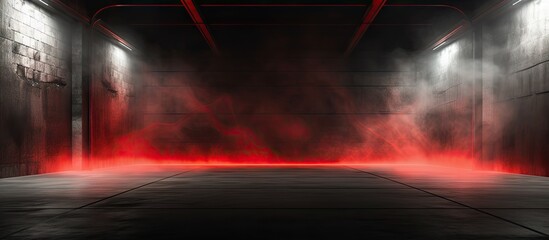 3D illustration of a dark underground garage with a red neon laser line glowing on concrete walls and floor creating a smoke fog effect Copy space image Place for adding text or design