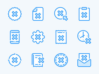 Poster - Cancellation and Rejection vector line icons. Cross, Delete, Remove, Cancel and Reject outline icon set. Badge, Mobile Phone, Receipt, Goal, Time, Mail, Plan and more.