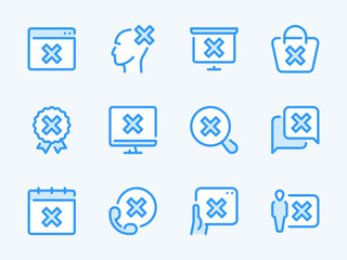 Poster - Cancellation and Rejection vector line icons. Cross, Delete, Remove, Cancel and Reject outline icon set. Phone Call, Website, Computer, Date, Search, Shopping Bag and more.