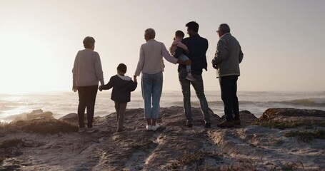 Canvas Print - Big family, holding hands or children at beach for sunset to relax with grandparents on summer holiday. Dad, mom or back view of young kids bonding with grandmother or grandfather at sea together