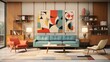 © Darya Lavinskaya - Sunny mid century style interior living room design with abstract art in the background