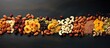 Assorted dried fruits and nuts cashews hazelnuts peanuts apricots viburnum raisins Copy space image Place for adding text or design