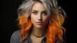Fashionable bicolor grey orange hairstyle. Young short hair woman close up portrait.