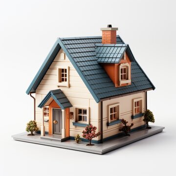 A model of a house with a blue roof. Realistic clipart on white background