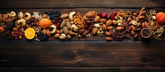 Poster - Assorted nuts and dried fruits on aged wood Copy space image Place for adding text or design