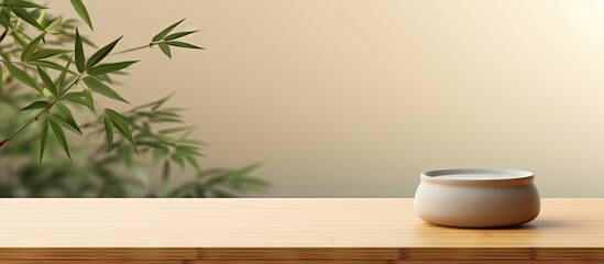 Chinese Zen presentation backdrop with oak table bamboo plants and beige wall Copy space image Place for adding text or design