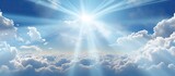 Fototapeta  - Beautiful cloudy sky with sunshine Peaceful natural background Sunny divine heaven Religion heavenly concept Copy space image Place for adding text or design
