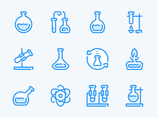 Poster - Chemistry and Science vector line icons. Laboratory and Chemical Research outline icon set. Flask, Beaker, Molecule, Burner, Atom, Equipment, Distillation and more.