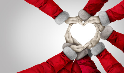 Poster - Christmas Holiday Love and community unity as a group of Santa Clause hands and arms joining together in the spirit of the season for giving and celebrating hope for the New Year and the Brotherhood a