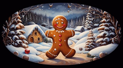 Wall Mural -  a painting of a gingerbread man in the middle of a snowy landscape with trees and a cabin in the background.