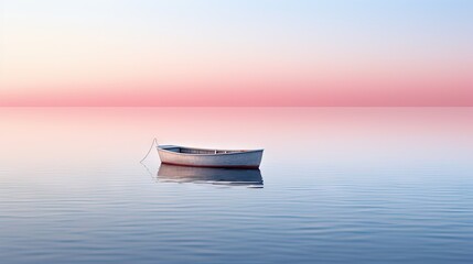 Wall Mural -  a boat floating on top of a body of water with a pink sky in the background and a pink and blue sky in the background.