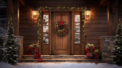 Poster -  a house decorated for christmas with wreaths and wreaths on the front door and wreaths on the side of the door.