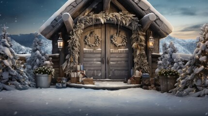 Canvas Print -  a snowy scene of a house with a christmas wreath on the front door and lights on the side of the door.