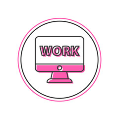 Poster - Filled outline Computer monitor with text work icon isolated on white background. Vector
