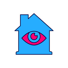 Sticker - Filled outline House with eye scan icon isolated on white background. Scanning eye. Security check symbol. Cyber eye sign. Vector