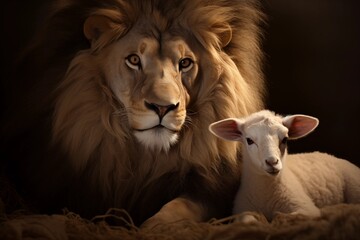 Poster - cute animal photography of a lion and lamb