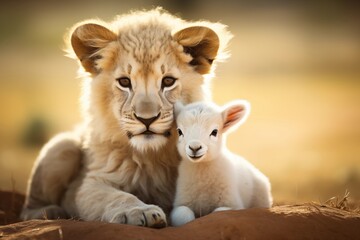 Poster - cute animal photography of a lion and lamb