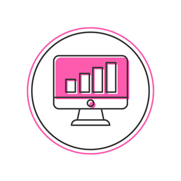Filled outline Computer monitor with graph chart icon isolated on white background. Report text file. Accounting sign. Audit, analysis, planning. Vector