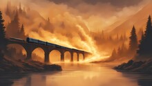 Sunset Over The Bridge  A Burning Train On Fire, Exploding, That Crosses An Exploding Bridge Being Blown Up, Over A River  